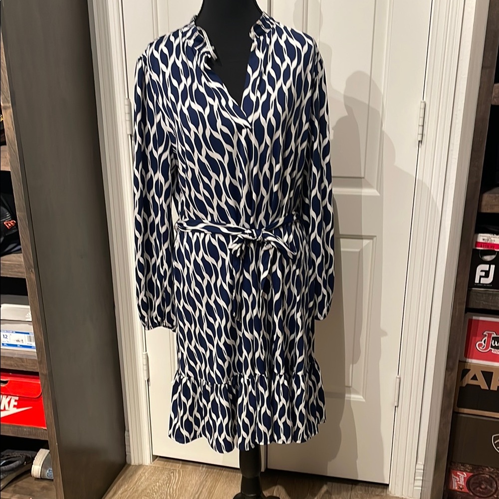 Blue and White Wrap Dress with Bishop Sleeves (B)
